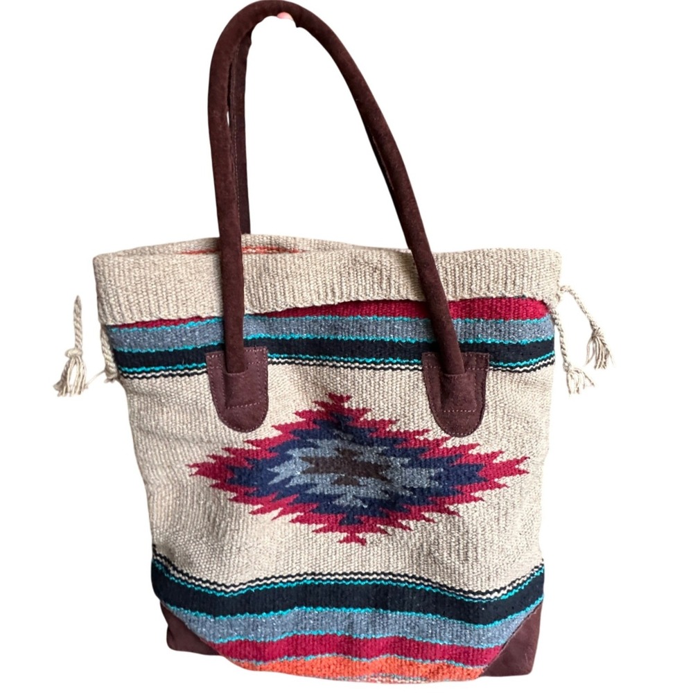 El Paso Saddleblanket Co Southwestern Woven Tote Bag Suede Trim Multicolor